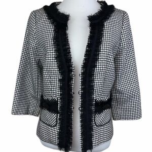 White House Black Market Cropped Tweed Lady  Blazer Fringe Jacket 4